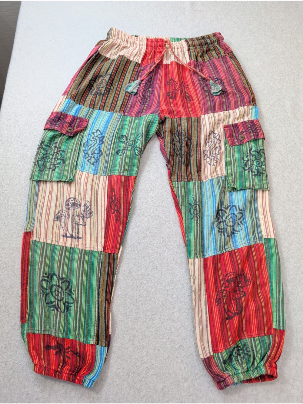 Patchwork Boho Hippy Cargo Pants Block Print SZ SM 100% Cotton Joggers Festival